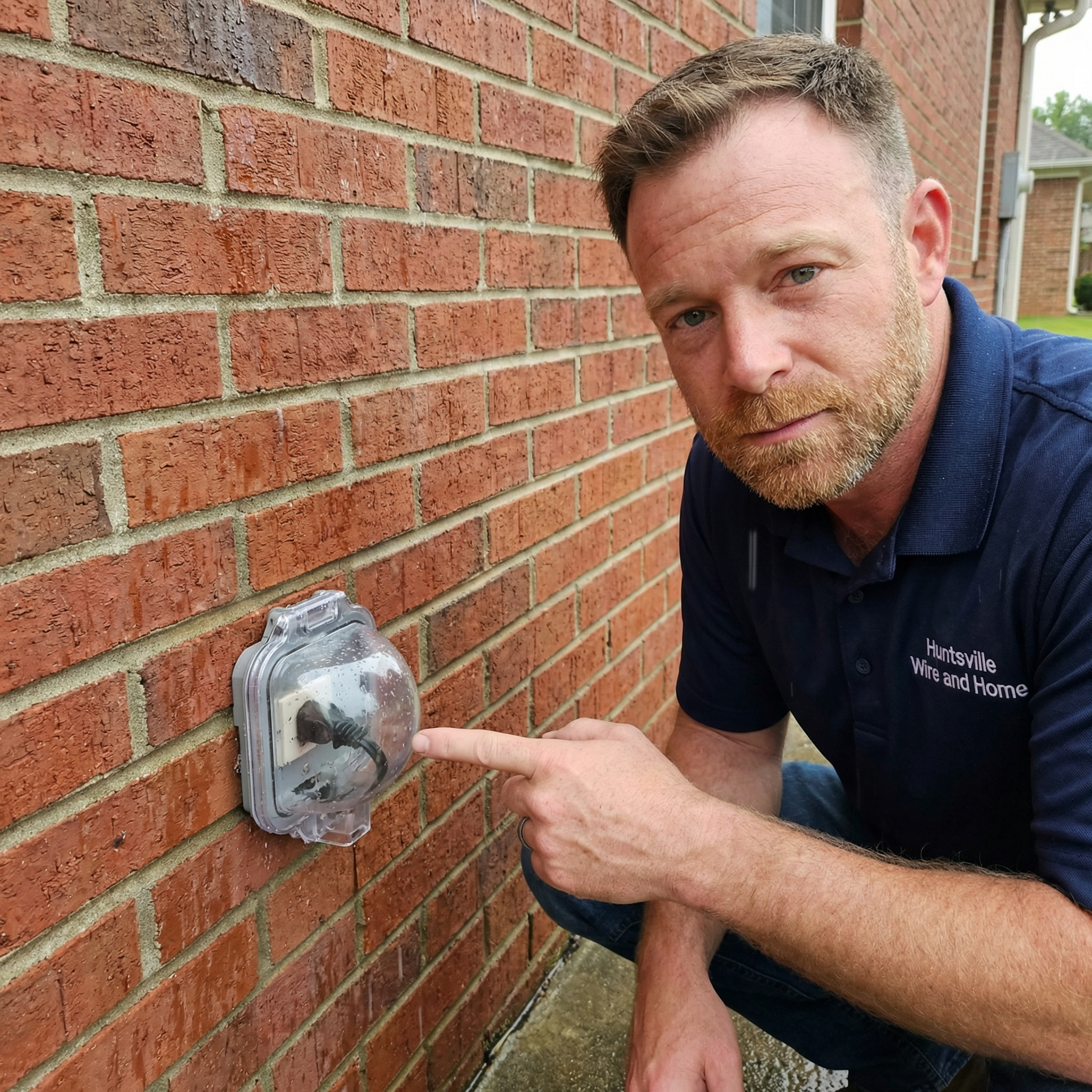 Electrician pointing to a clear plastic in-use bubble cover over an outdoor outlet on a brick wall