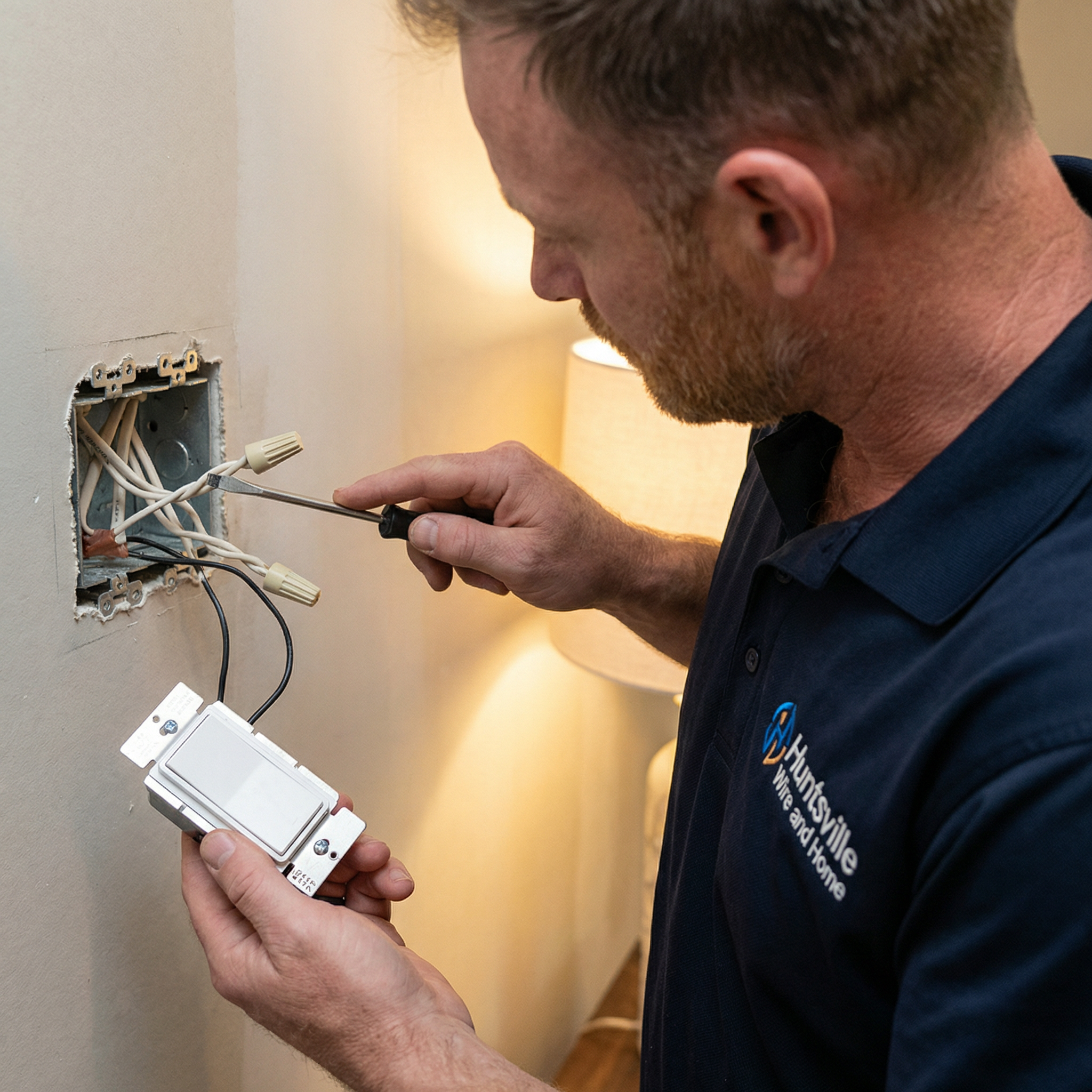 Electrician pointing to a bundle of white neutral wires inside an open light switch box
