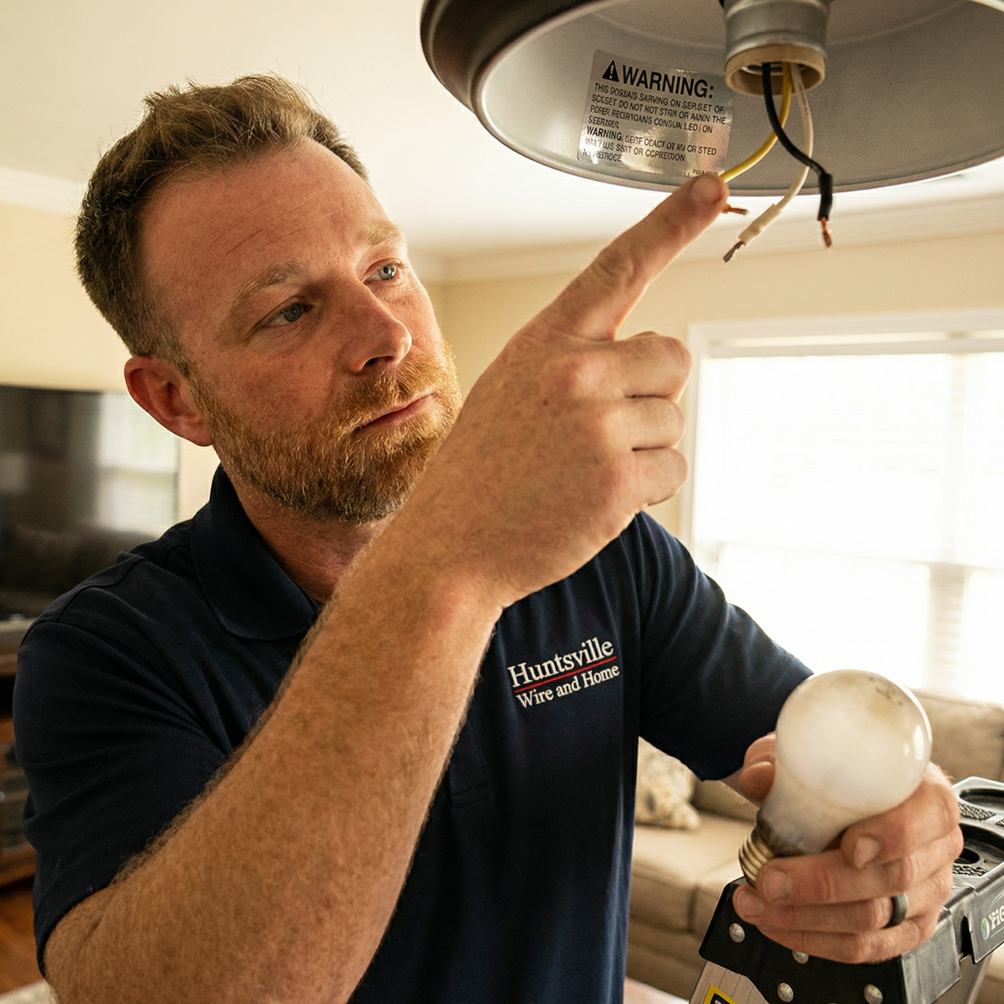 Electrician pointing to the maximum wattage sticker inside a light fixture socket while holding a lightbulb