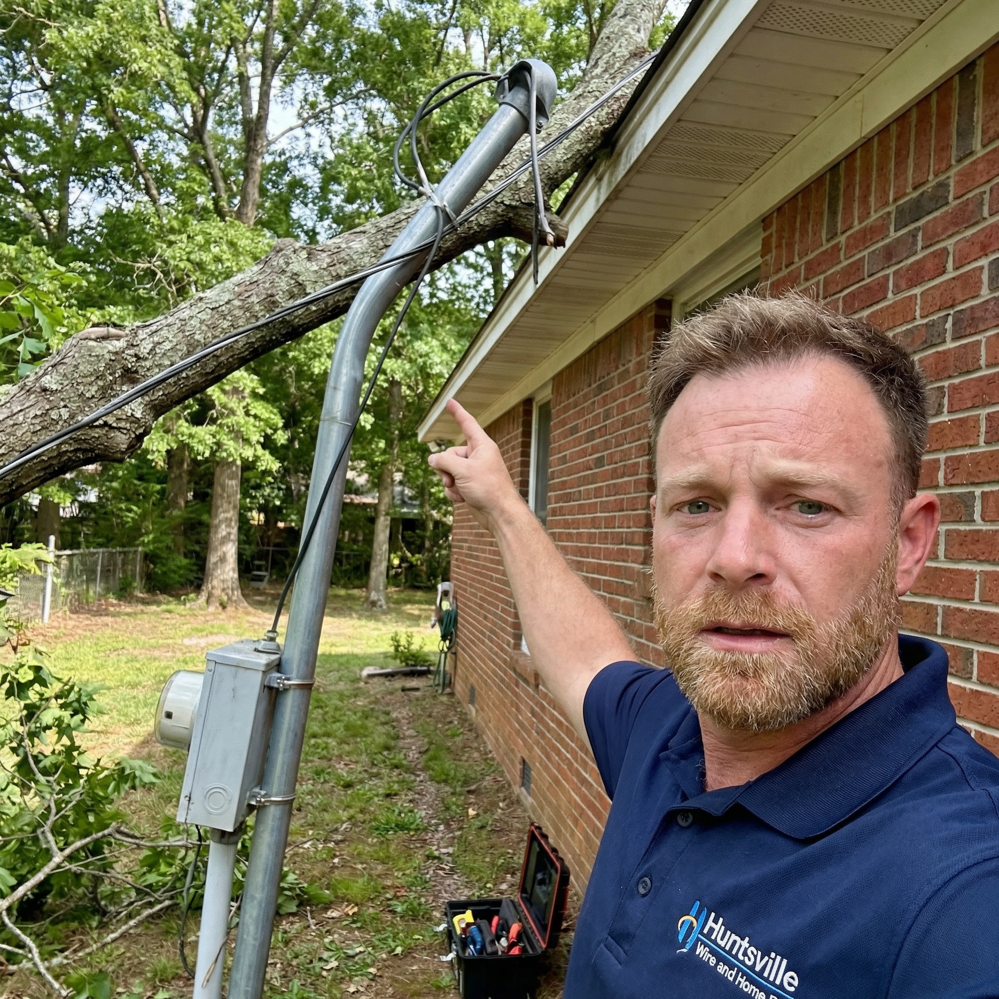Michael Justice pointing at a bent electrical service mast on a brick house caused by a tree branch on the line