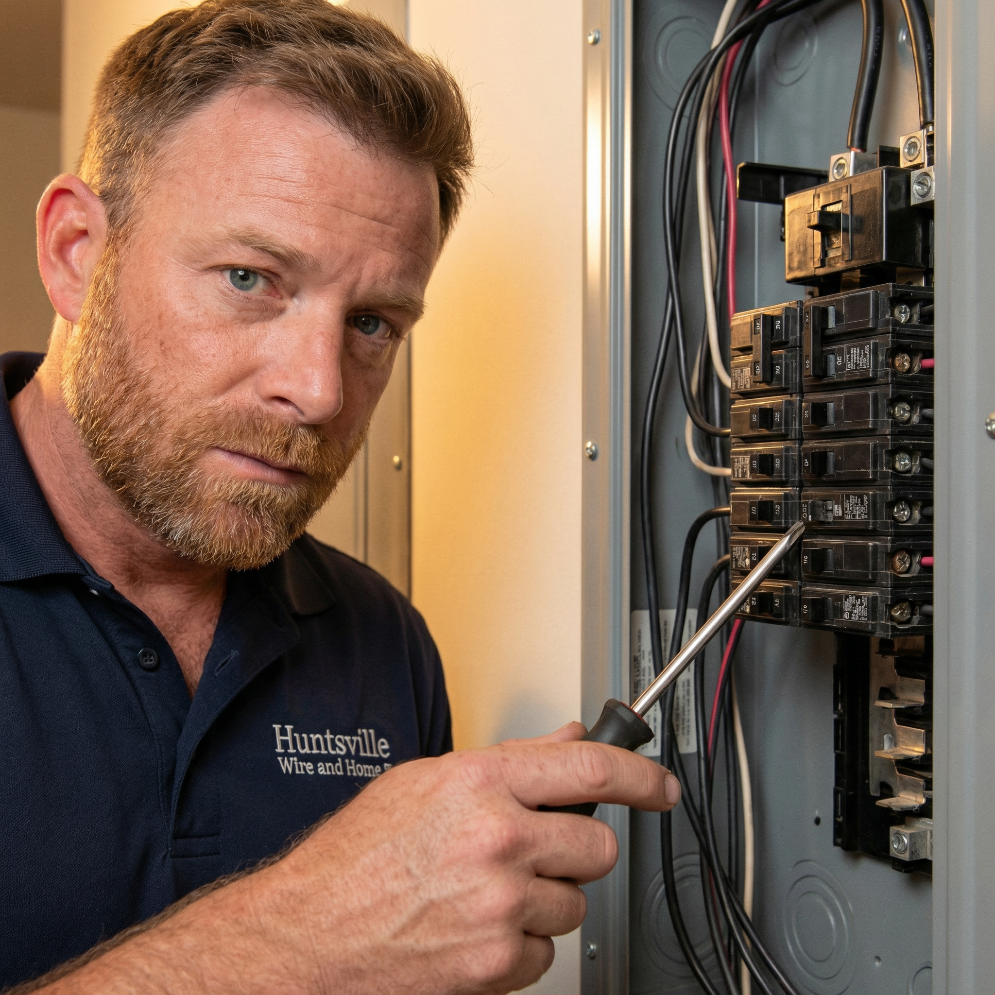 Electrician Michael Justice inspecting a electrical panel
