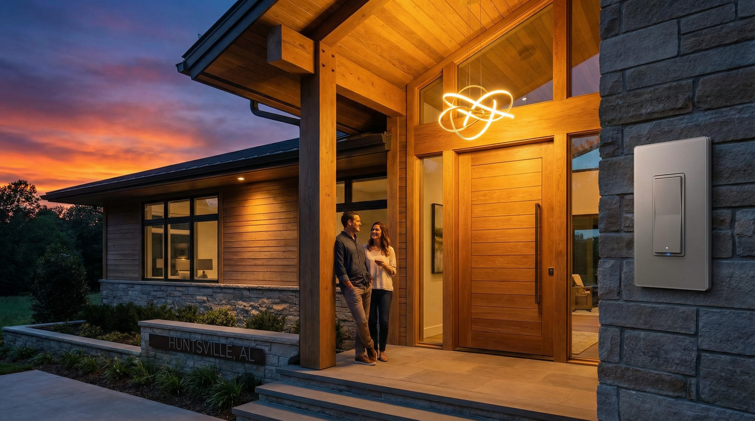 A beautifully lit modern home porch at dusk, with a warm light illuminating the entrance, indicating the use of a smart astronomic timer switch.