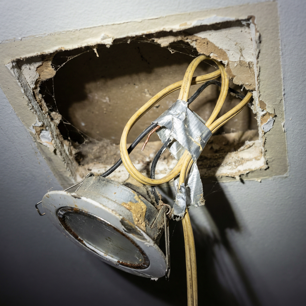 Charred lamp cord and duct tape used improperly for shower light wiring