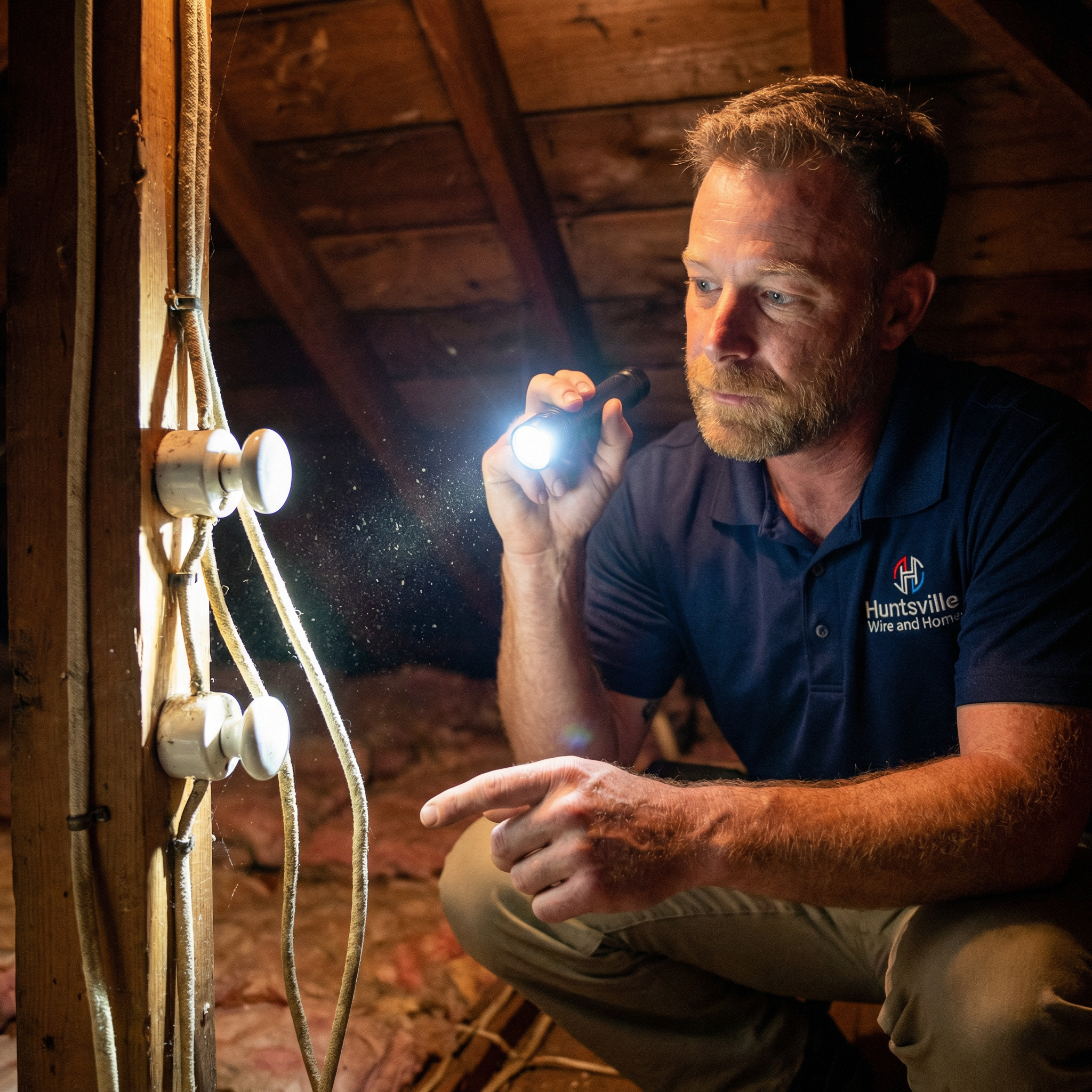Electrician Michael Justice checking a residential breaker panel with a multimeter during a partial power outage.