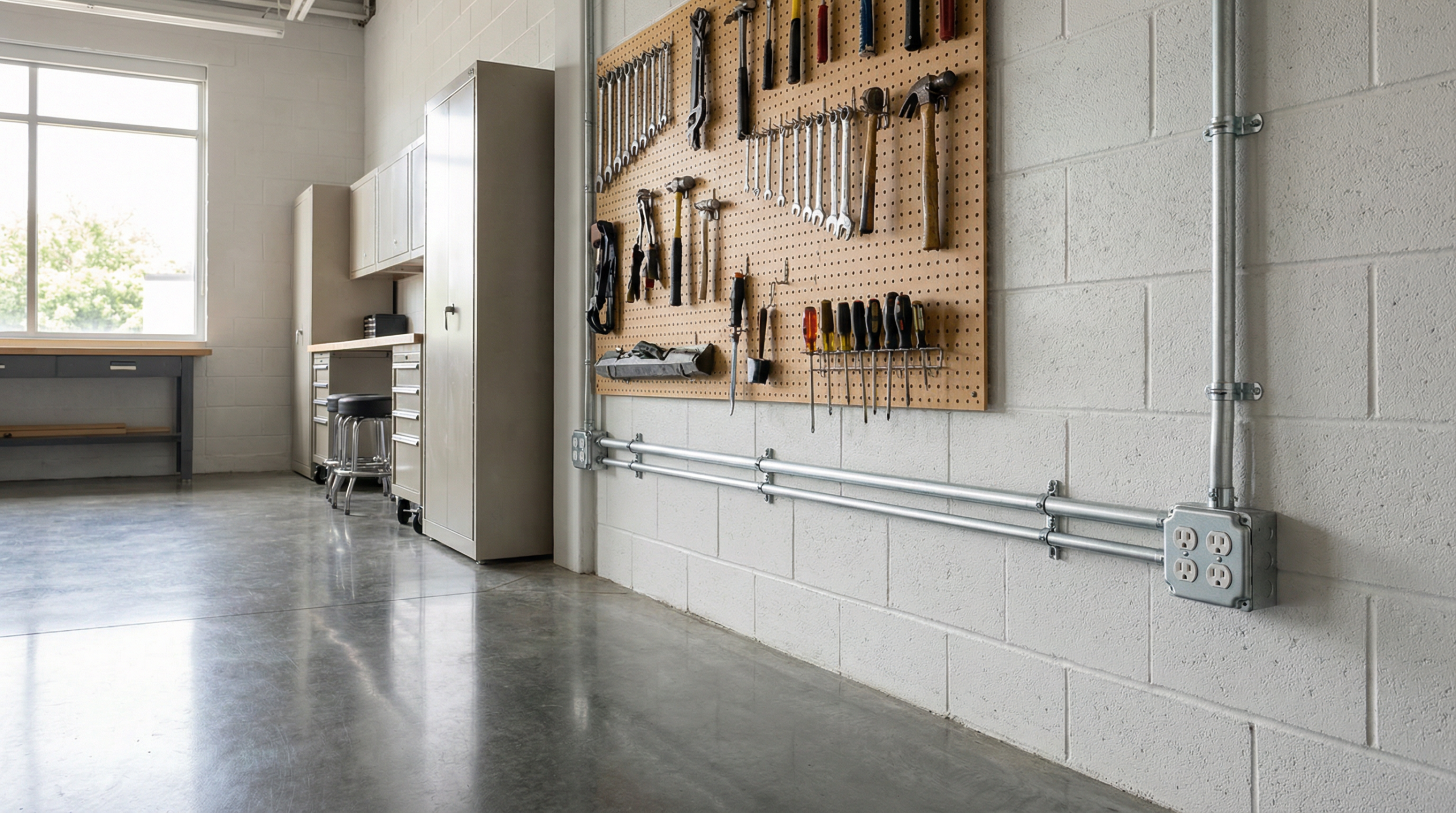 A clean, modern garage wall with neatly installed metallic EMT surface conduit leading to a new electrical outlet.