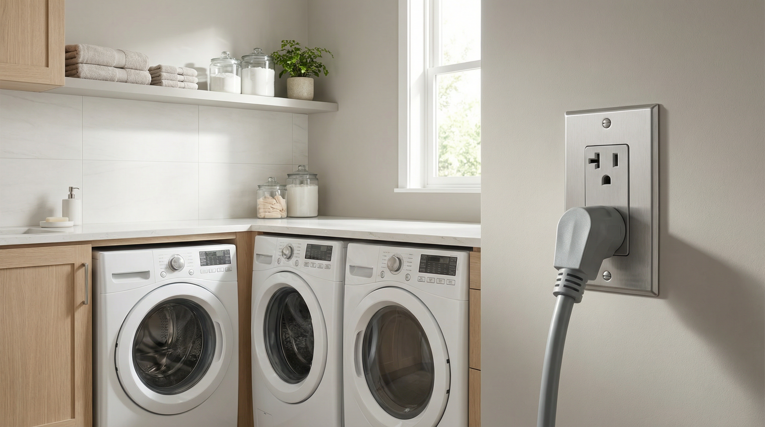 Close-up of a modern 4-prong dryer cord properly plugged into a 4-prong electrical outlet in a clean laundry room.