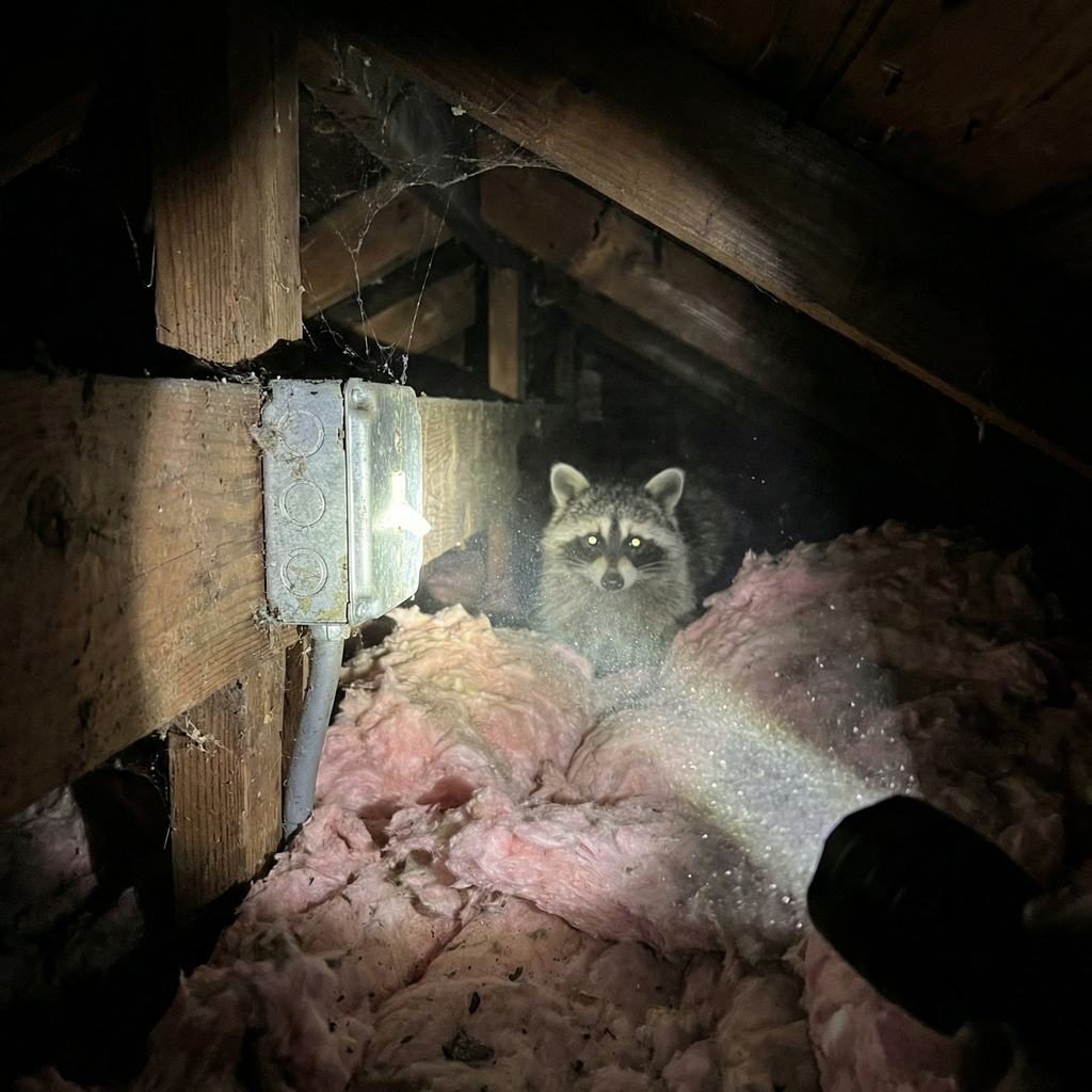 Damaged electrical junction box in an attic with wires exposed and insulation stripped away by a nesting raccoon