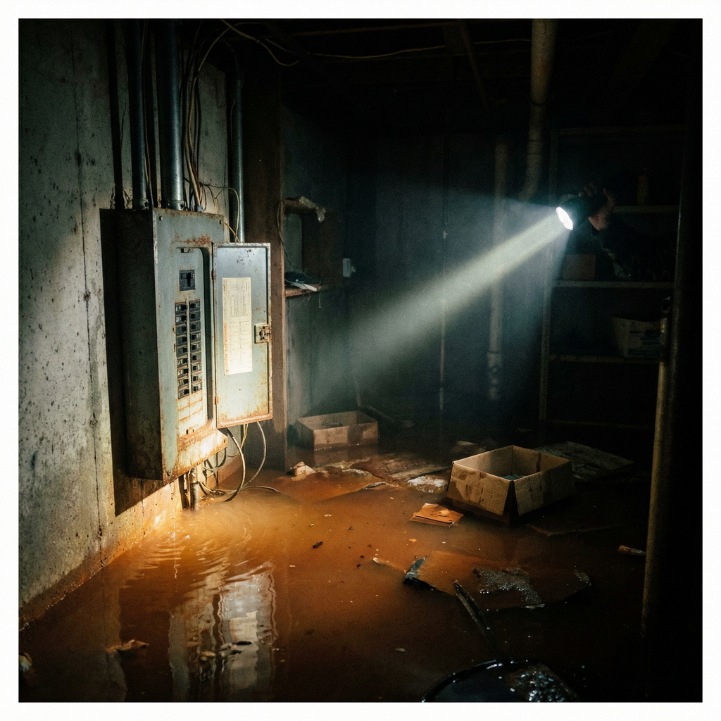 Flooded basement with water rising towards an electrical breaker panel due to a seized sump pump