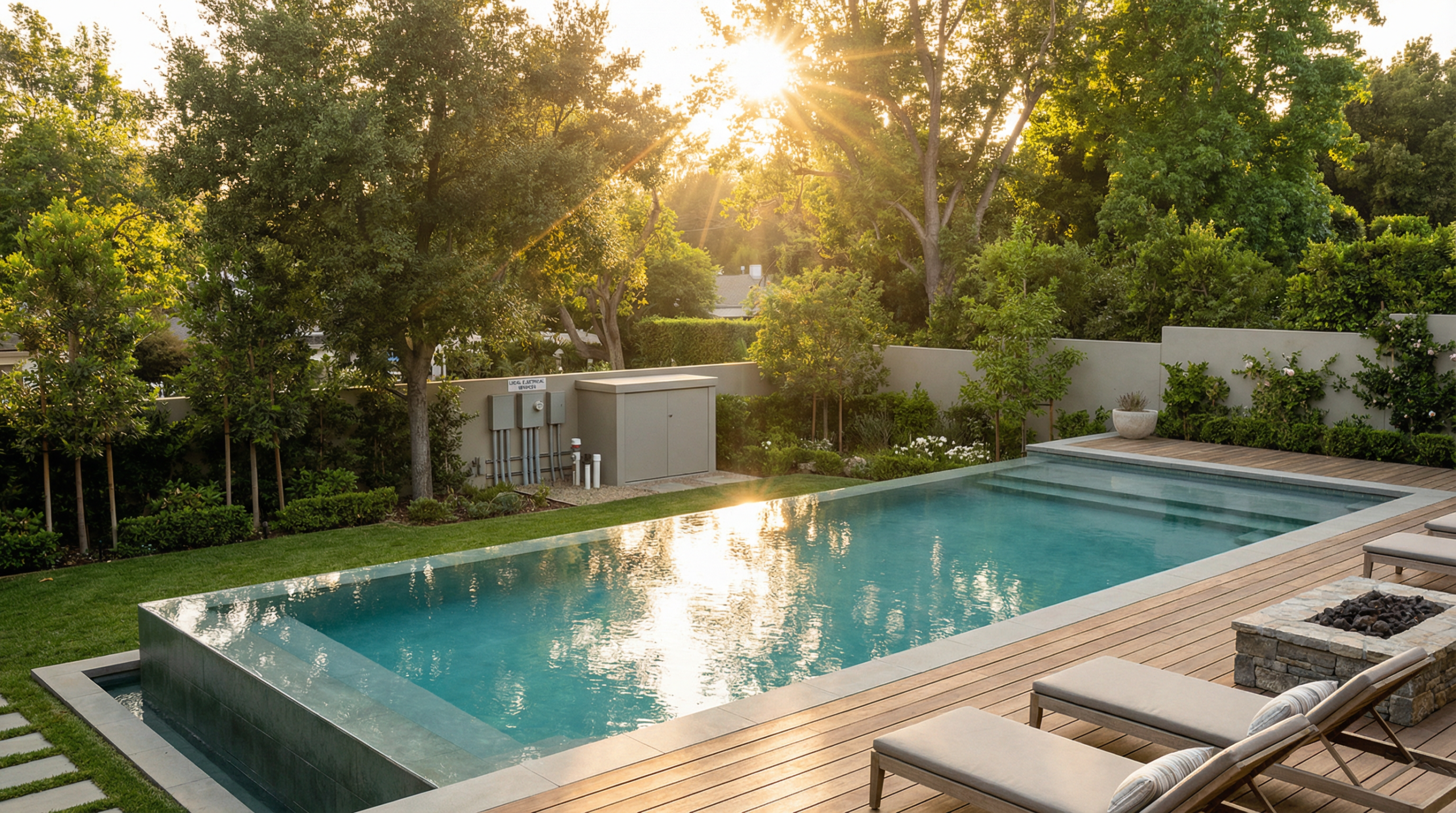 A pristine residential swimming pool and deck, hinting at the hidden electrical systems that ensure safety through proper bonding.