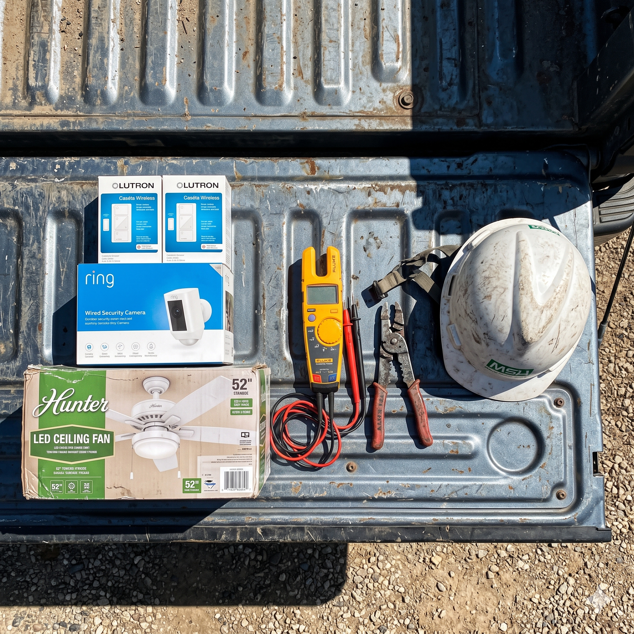 A flat-lay view on a truck tailgate showing electrical tools, a multimeter, and consumer fixture boxes with the overlay text "You Buy The Parts. We Do The Labor. KTECH gets funded.